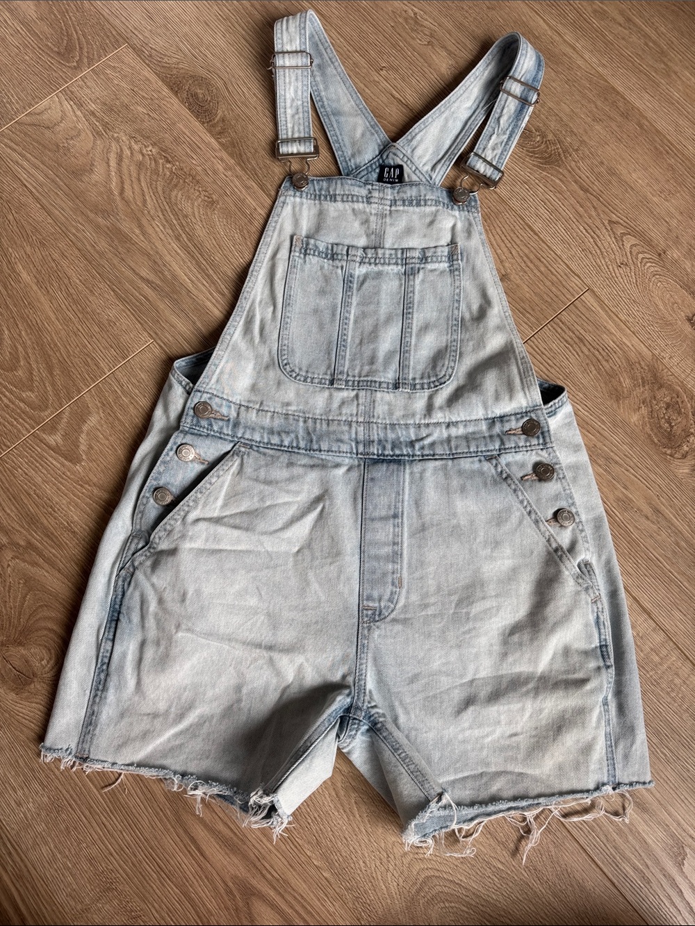 GAP Light Denim Frayed Short Overalls